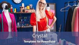  Presentation with sewing - Slide set having young-blonde-woman-tailor-smiling background and a ocean colored foreground