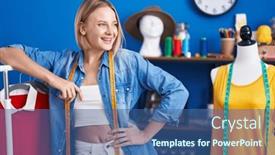  Presentation with sewing - Slide deck consisting of young-blonde-woman-tailor-smiling background and a ocean colored foreground