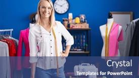  Presentation with sewing - Slides with young-blonde-woman-tailor-smiling background and a ocean colored foreground