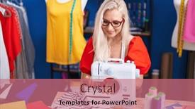  Presentation with sewing - Presentation design consisting of young-blonde-woman-tailor-smiling background and a coral colored foreground