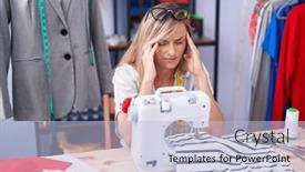  Presentation with machine shop - Presentation theme featuring young-blonde-woman-tailor-stressed background and a light blue colored foreground
