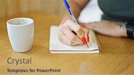  Presentation with taking notes - Presentation design with young-blonde-woman-taking-notes background and a  colored foreground