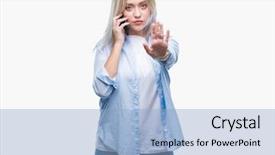  Presentation with defense - Presentation having young blonde woman talking using background and a  colored foreground