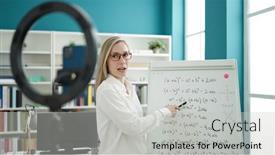  Presentation with online library - Slides consisting of young-blonde-woman-teacher-explaining background and a  colored foreground
