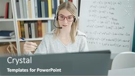  Presentation with teaching - Slide deck with young-blonde-woman-teaching background and a gray colored foreground