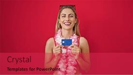  Presentation with credit card - PPT layouts having young-blonde-woman-tourist-holding background and a red colored foreground