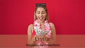  Presentation with tourist - PPT theme featuring young-blonde-woman-tourist-holding and a coral colored foreground