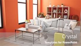  Presentation with tourist - PPT theme featuring young-blonde-woman-tourist-relaxed background and a gray colored foreground