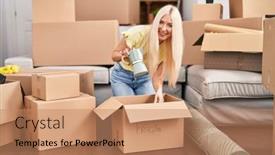  Presentation with new home - Slide set featuring young-blonde-woman-unpacking-coffeemaker background and a coral colored foreground