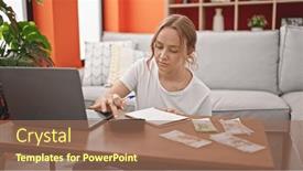  Presentation with counting - Presentation theme with young-blonde-woman-using-calculator background and a coral colored foreground