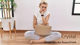  Presentation with computer room - PPT theme having young-blonde-woman-using-computer background and a coral colored foreground