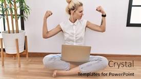  Presentation with computer room - Slide deck consisting of young-blonde-woman-using-computer background and a coral colored foreground