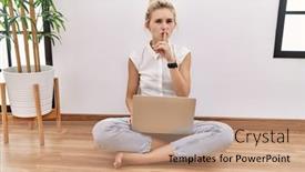  Presentation with pets on computer - Presentation design featuring young-blonde-woman-using-computer background and a coral colored foreground