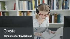  Presentation with taking notes - Presentation design enhanced with young-blonde-woman-using-computer background and a dark gray colored foreground