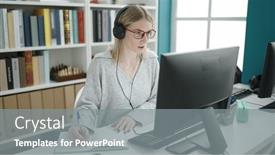  Presentation with taking notes - Theme featuring young-blonde-woman-using-computer background and a gray colored foreground