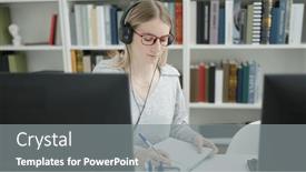  Presentation with taking notes - Presentation theme consisting of young-blonde-woman-using-computer background and a gray colored foreground