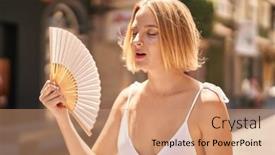  Presentation with street - Presentation having young-blonde-woman-using-handfan background and a coral colored foreground