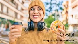  Presentation with headphones - Audience pleasing presentation theme consisting of young-blonde-woman-using-headphones backdrop and a yellow colored foreground