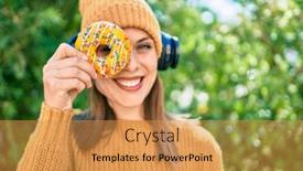  Presentation with colorful eye - PPT layouts having young-blonde-woman-using-headphones background and a gold colored foreground