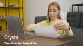  Presentation with accounting - Presentation theme enhanced with young-blonde-woman-using-laptop background and a coral colored foreground