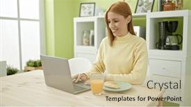  Presentation with laptop - Slide set enhanced with young-blonde-woman-using-laptop and a  colored foreground