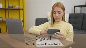  Presentation with accounting - Slide deck with young-blonde-woman-using-laptop background and a coral colored foreground