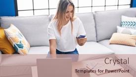  Presentation with credit card - Presentation design with young-blonde-woman-using-laptop and a  colored foreground