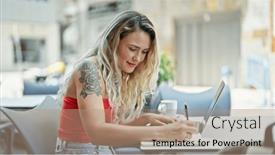  Presentation with taking notes - Presentation having young-blonde-woman-using-laptop and a coral colored foreground