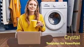  Presentation with laundry room - Presentation theme with young-blonde-woman-using-laptop background and a tawny brown colored foreground