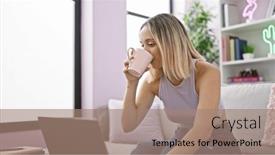  Presentation with laptop - Presentation featuring young-blonde-woman-using-laptop and a coral colored foreground