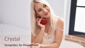  Presentation with perfume - PPT theme featuring young-blonde-woman-using-perfume background and a coral colored foreground