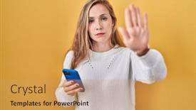  Presentation with hand palm - Slide set with young-blonde-woman-using-smartphone background and a yellow colored foreground