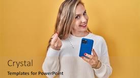  Presentation with smartphone - PPT theme consisting of young-blonde-woman-using-smartphone background and a  colored foreground