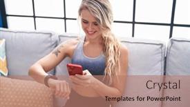  Presentation with smartphone - Slides featuring young-blonde-woman-using-smartphone background and a  colored foreground