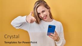  Presentation with smartphone - Slide set having young-blonde-woman-using-smartphone background and a  colored foreground