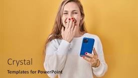  Presentation with scandal - Slide set with young-blonde-woman-using-smartphone background and a yellow colored foreground