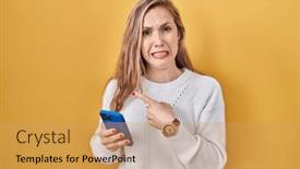  Presentation with forefinger - Slide set enhanced with young-blonde-woman-using-smartphone background and a yellow colored foreground