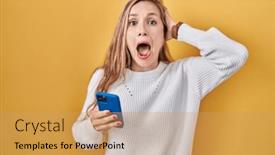  Presentation with woman hands open - Slides having young-blonde-woman-using-smartphone background and a yellow colored foreground