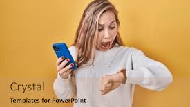  Presentation with late - Slide deck having young-blonde-woman-using-smartphone background and a coral colored foreground