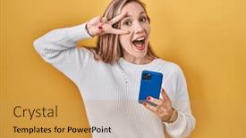  Presentation with peace - PPT theme consisting of young-blonde-woman-using-smartphone background and a  colored foreground