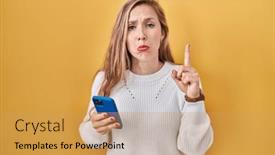  Presentation with direction - Slide set consisting of young-blonde-woman-using-smartphone background and a yellow colored foreground