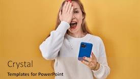  Presentation with smartphone - Presentation theme featuring young-blonde-woman-using-smartphone background and a yellow colored foreground