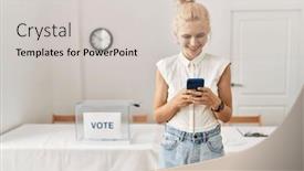  Presentation with smartphone - Slide set enhanced with young-blonde-woman-using-smartphone background and a  colored foreground