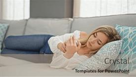  Presentation with smartphone - PPT theme featuring young-blonde-woman-using-smartphone background and a coral colored foreground