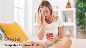  Presentation with smartphone - PPT layouts enhanced with young-blonde-woman-using-smartphone and a coral colored foreground