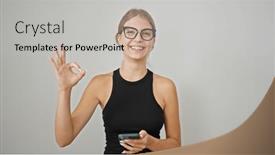  Presentation with smartphone - PPT theme featuring young-blonde-woman-using-smartphone and a light gray colored foreground