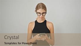  Presentation with smartphone - Presentation theme having young-blonde-woman-using-smartphone background and a coral colored foreground