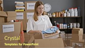  Presentation with volunteer - Presentation theme having young-blonde-woman-volunteer-packing background and a  colored foreground