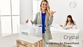  Presentation with voting - Slide deck enhanced with young-blonde-woman-voting-putting background and a soft green colored foreground