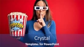  Presentation with movie popcorn - Audience pleasing presentation design consisting of young-blonde-woman-wearing-3d backdrop and a ocean colored foreground
